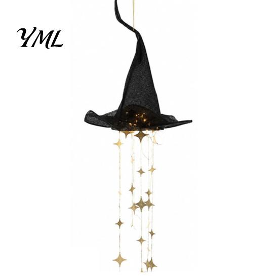Sparkling Star Hanging Props Lighted Witch Hat Chime, Halloween LED Ornament with Luminous Lights Tassels, Magical Light for Porch Window Patio Indoor