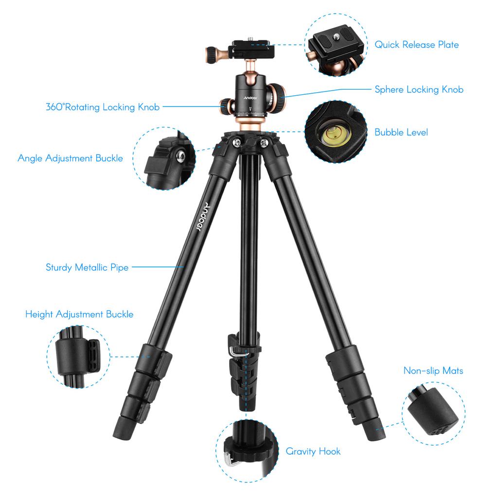 Andoer Q160SA Camera Tripod Complete Tripods with Panoramic Ballhead Bubble Level Adjustable Height