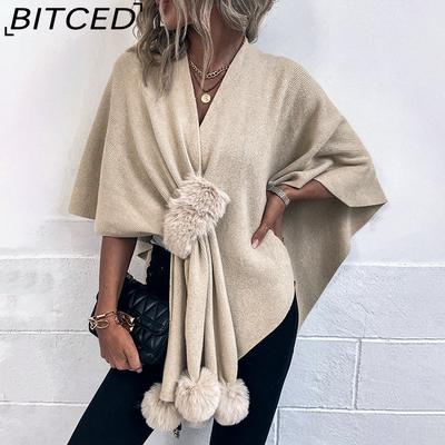 Однотонный свитер-кейп с помпонами, осенне-зимний, женская шаль, вязаный кардиган
