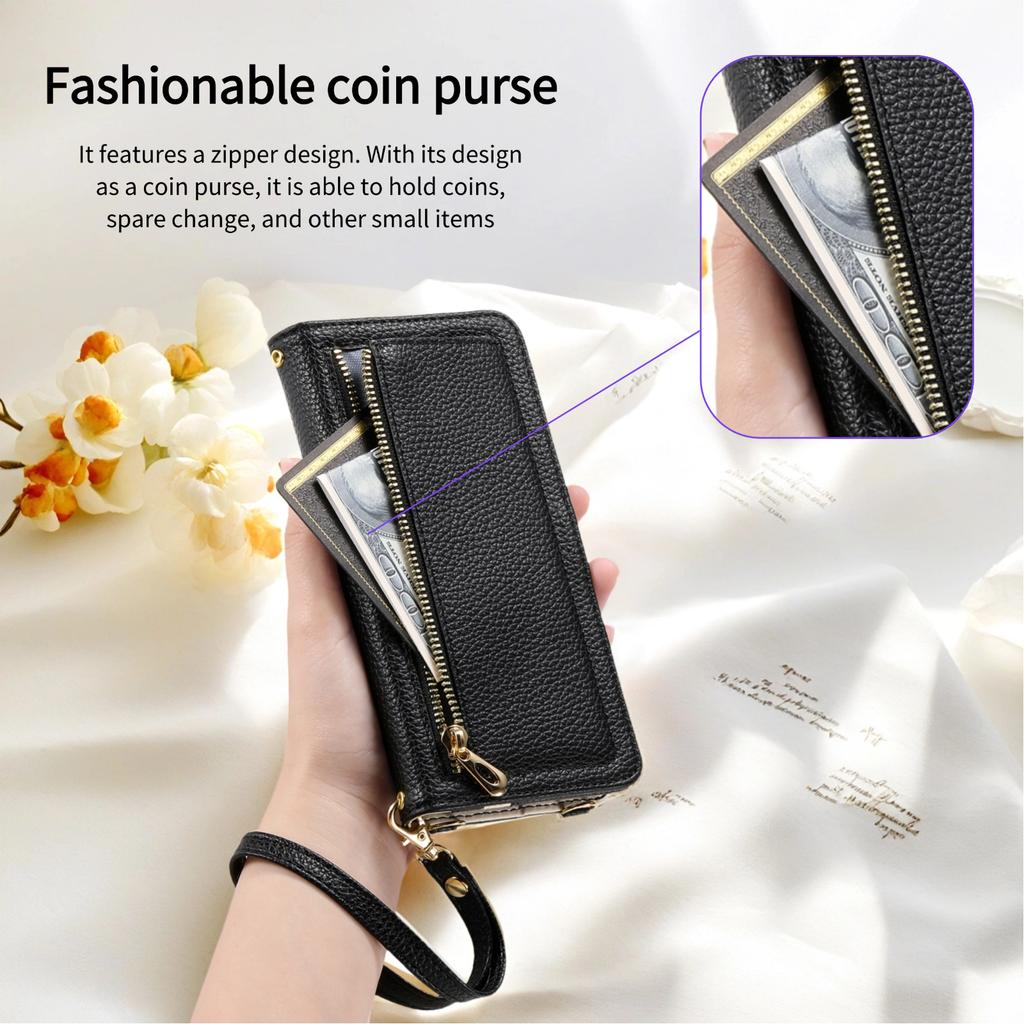 ESEBLE E11 For Samsung Galaxy S24 Case Zipper Pocket Litchi Texture Leather Phone Cover with Mirror and Wrist Strap