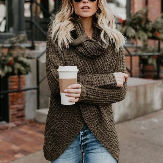 Women's Solid Color High Neck Long Sleeve Button Cardigan Sweater