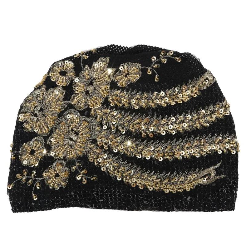 Luxury Embroidery Beading Pleated Turban Cap for Women African Female Wrap Head Bonnet Muslim Turban Hat Lady Head Wraps
