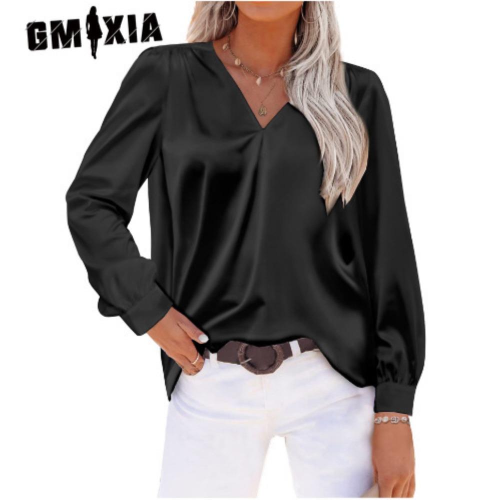GMXIA Женские модные повседневные весенне-осенние однотонные блузки и рубашки с v-образным вырезом и длинным рукавом с принтом