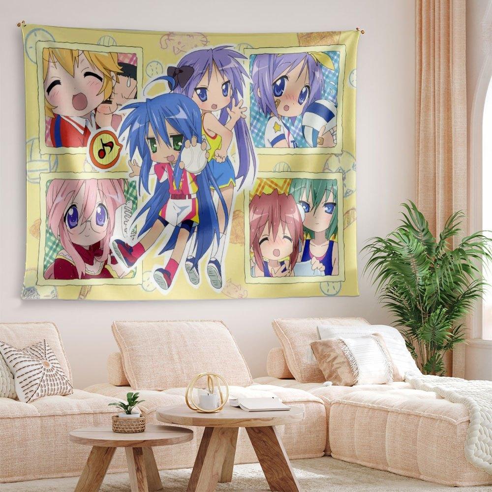 1pc Lucky Star Anime Tapestry, Horizontal Manga Wall Hanging with Character & Iconic Poses, Polyester Decor for Room, Bedspread