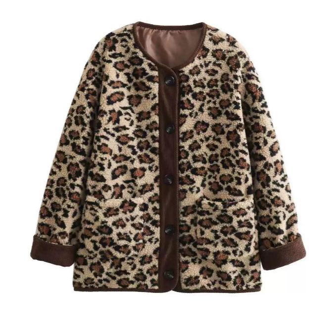 Women'S Leopard Print Casual Loose Long Sleeve Lamb Fleece Jacket