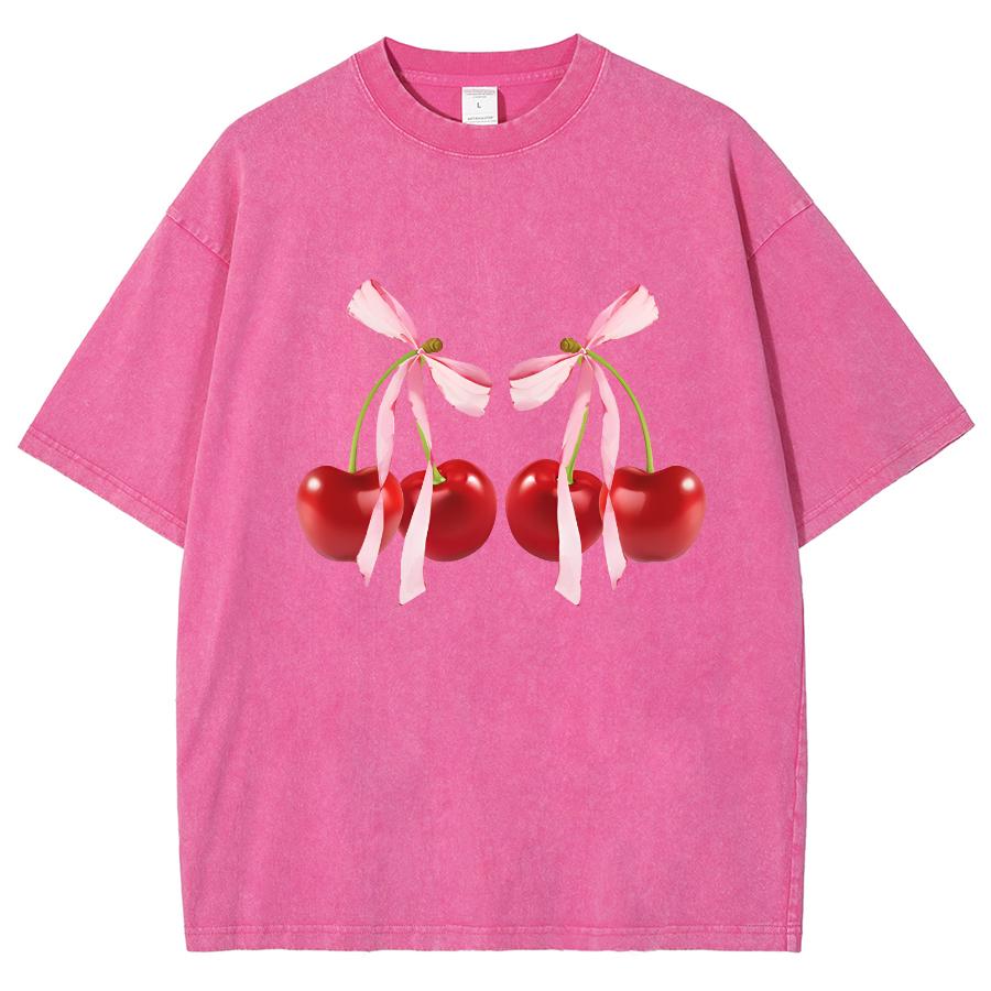 Футболка женская Sweet Girl Cute Wind Cherry Bow Print с круглым вырезом и коротким рукавом, летняя
