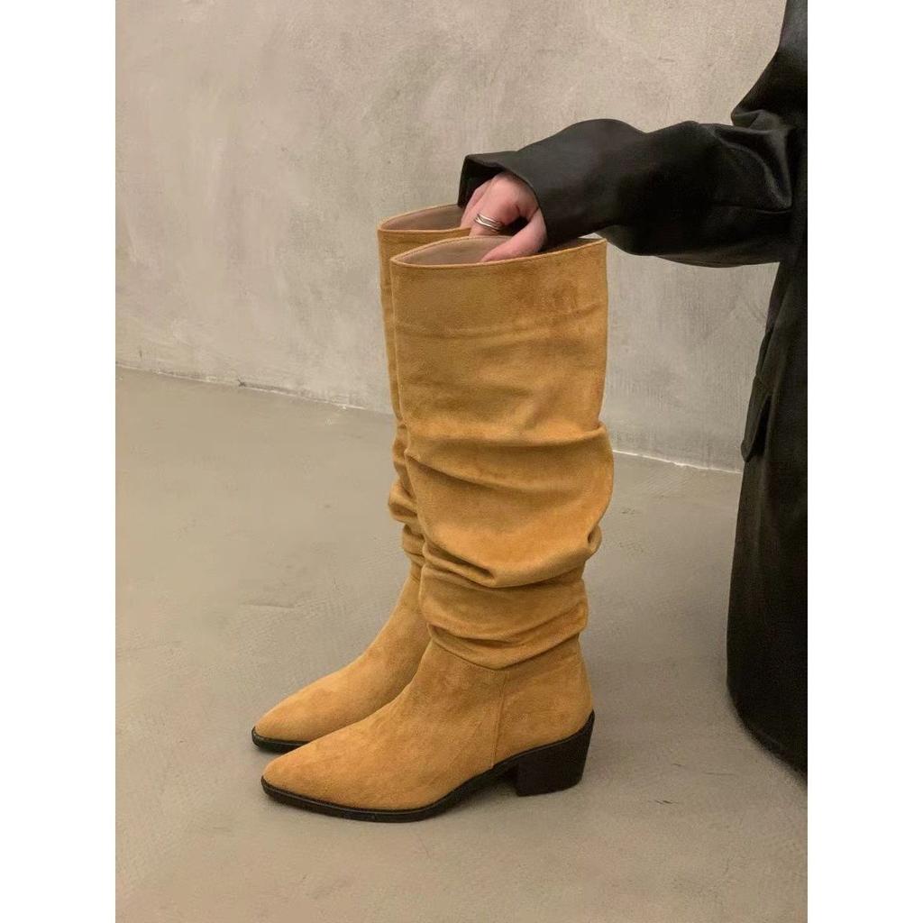 Ретро Плиссированные Замшевые Длинные Сапоги для Женщин Зимняя Мода Массивный Каблук Шпилька Сексуальные Сапоги. Универсальные женские ботинки большого размера