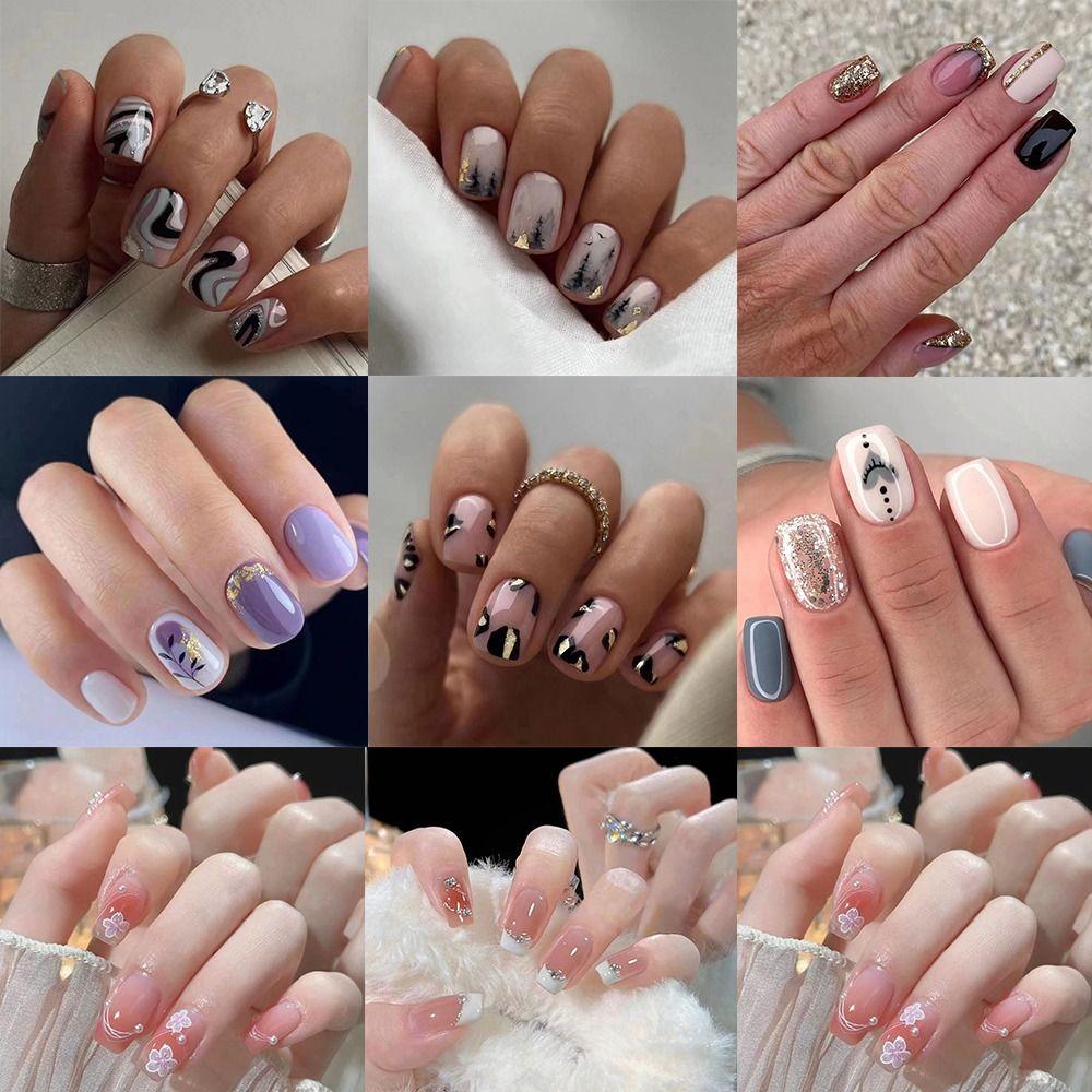 24pcs Detachable Fake Nials Press On Nails Pink Glitter Gold Edge False Nails French Short Square