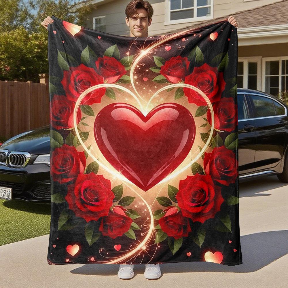 1pc heart roses Outdoor Flannel Blanket Soft Warm All-Season Throw for Sofa Bed Car Camping Office, Cozy Gift Idea1242S