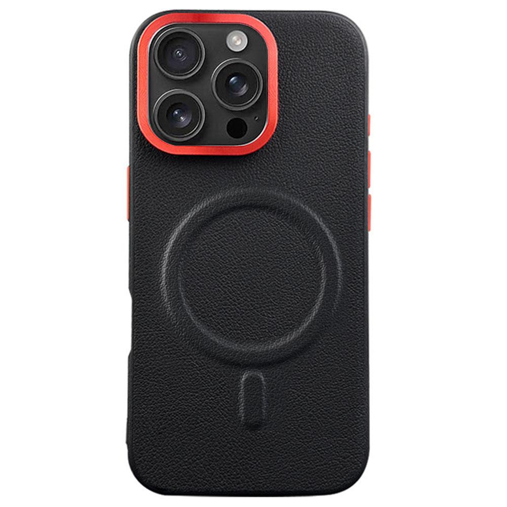 For iPhone 16 Pro Max Case Compatible with MagSafe PU+PC+TPU Phone Cover with Metal Lens Frame