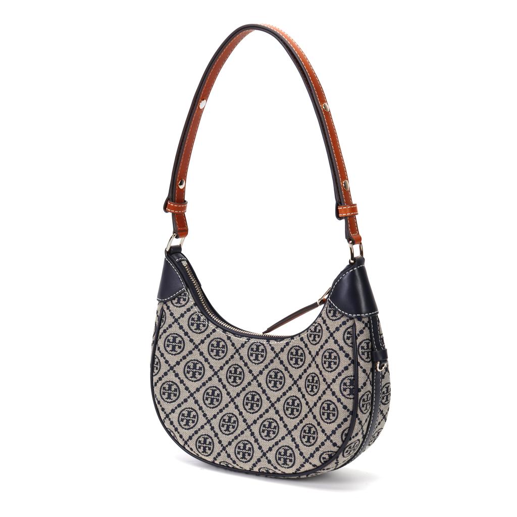 Tory Burch T Monogram Logo Print Zipper Closure Leather Crescent Bag Women Handbags Navy-Blue 158513-405