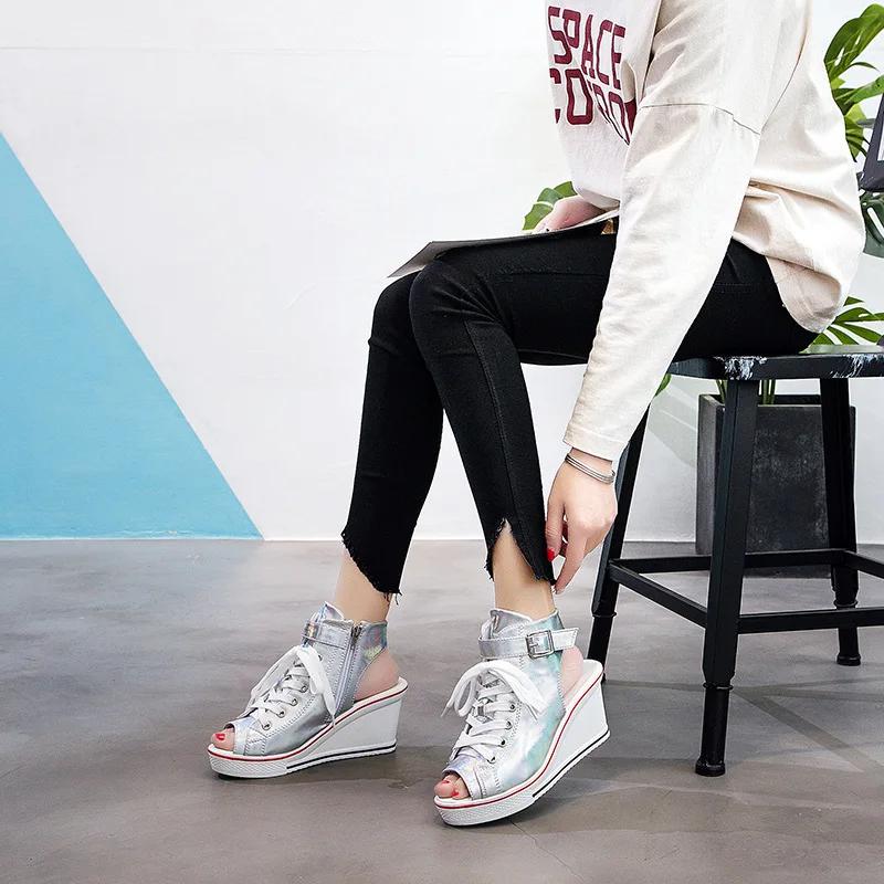 Модные женские босоножки 2024 года на танкетке с каблуком-рыбьим ртом, босоножки на 8 см, повседневные парусиновые туфли на платформе со шнуровкой, женские туфли