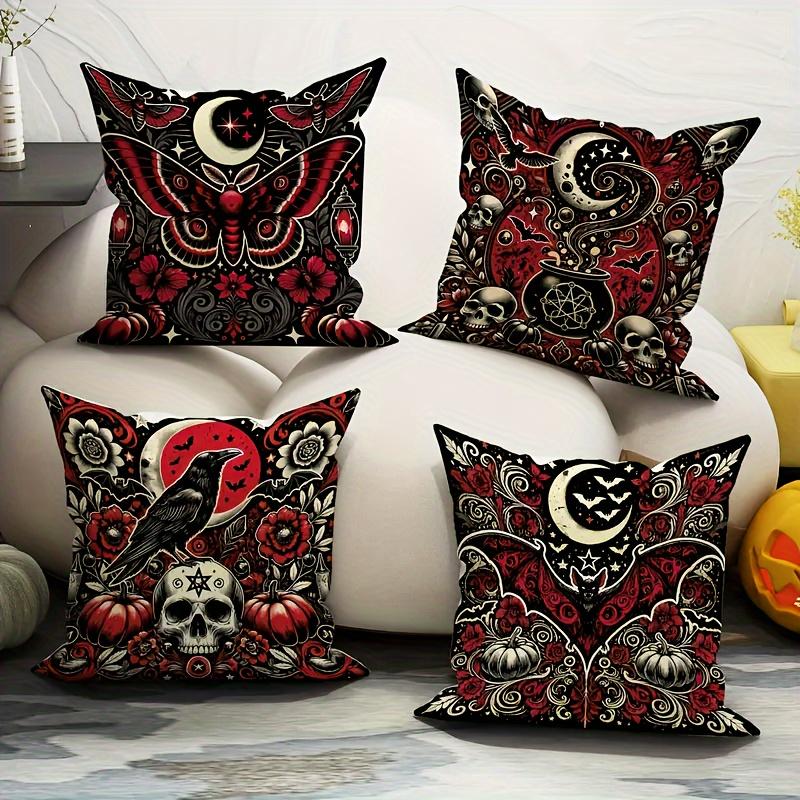 4Pcs Halloween Throw Pillow Covers Spooky Bat, Pumpkin, Skull, Raven Cauldron Floral Moon Designs Zippered Cushion Cases