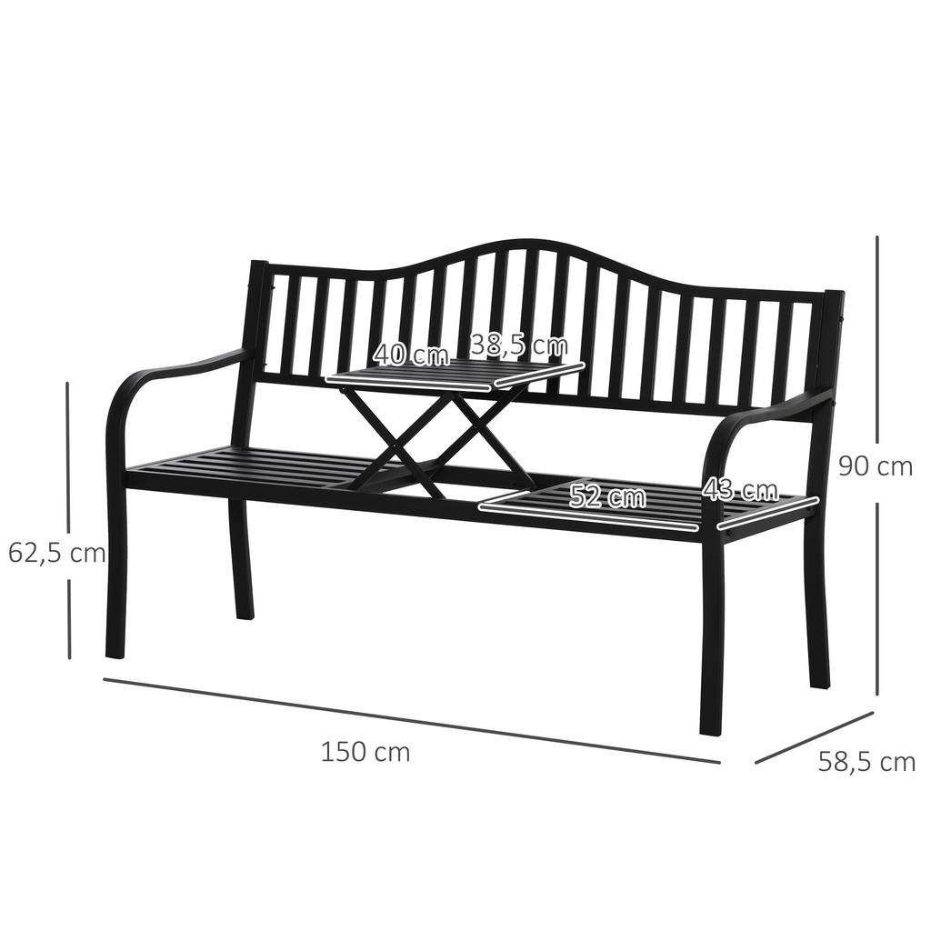 Metal Outdoor Bench with Liftable Middle Table. Patio Loveseat. Garden Bench for Garden. Porch. Seats 2–3 People. Black