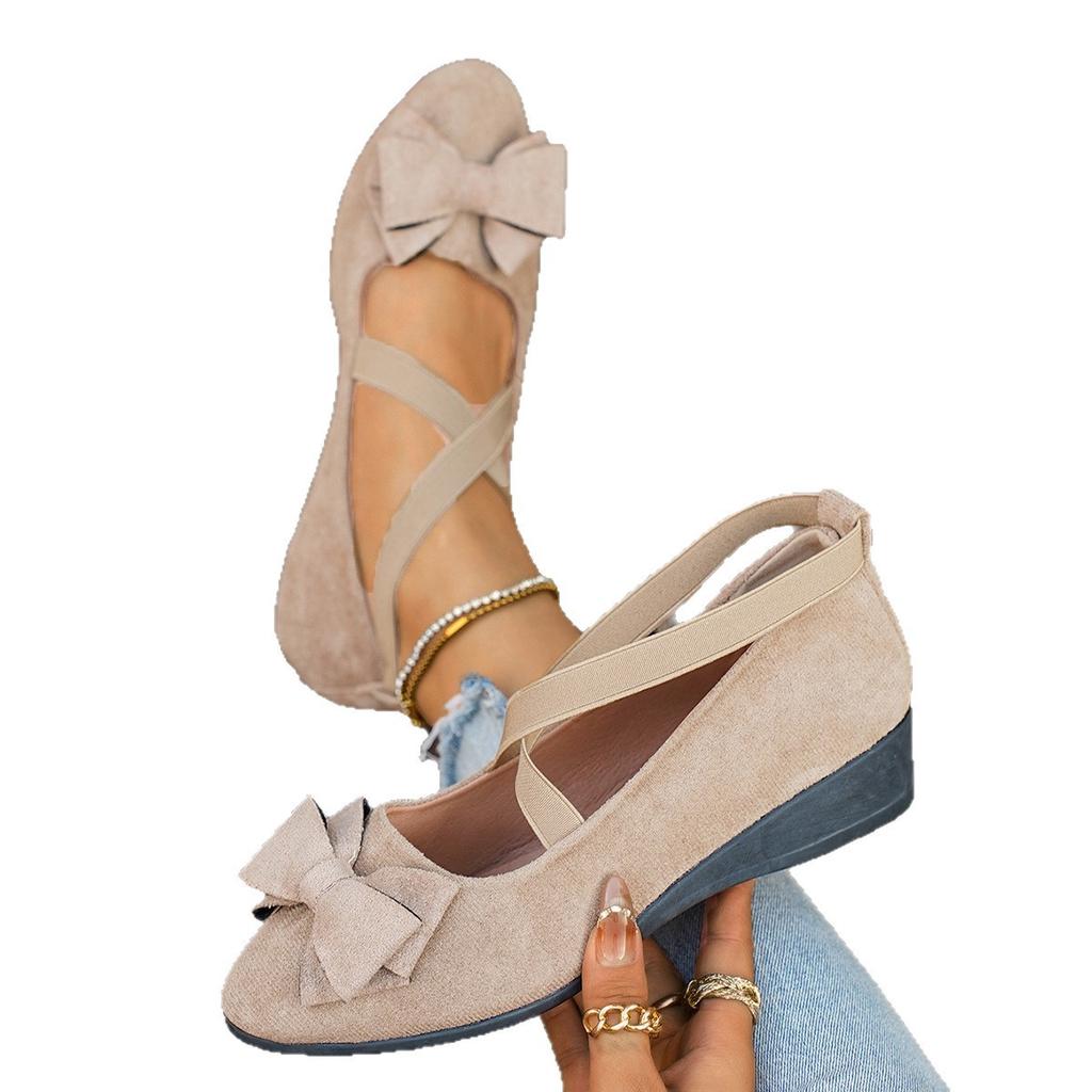 2025 New Fashion Suede Bow Cross Elastic Band Wedge Heel Large Size Single Shoes Women's Breathable Versatile