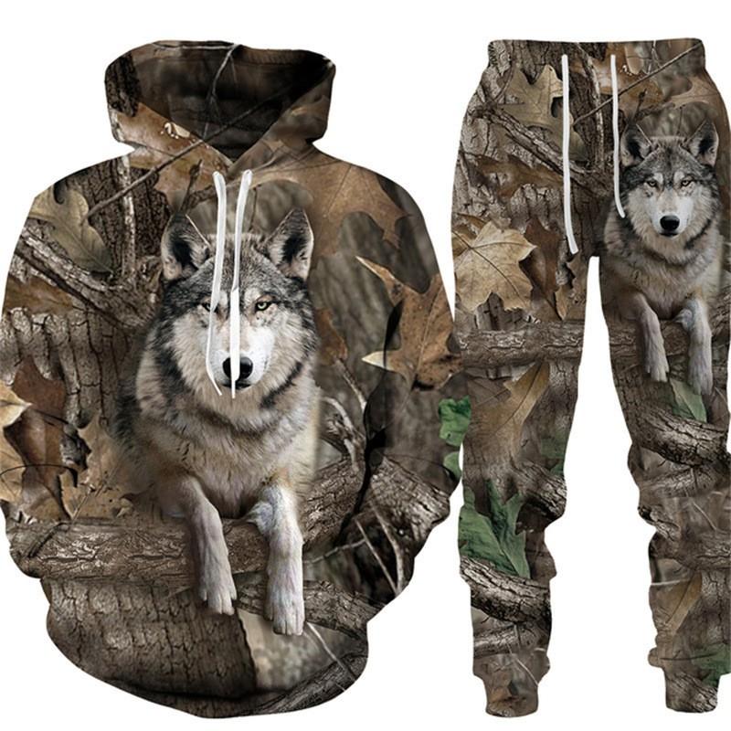 Mens Casual Hooded Tracksuit Set 3D Camo Boar Print Long Sleeve Top Pants Winter