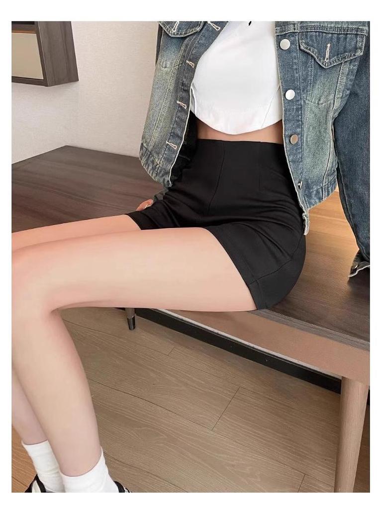 2025 Женские шорты с высокой талией, утягивающие, черные - Летние повседневные мини-шорты