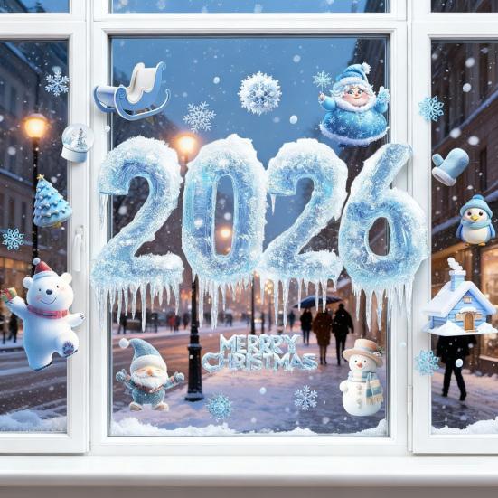2026 Christmas Window Clings Blue Snowflake Ice Double-Sided Window Stickers PVC Decal for New Year Eve Glass Mirror Decor