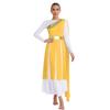 S-XXL Lyrical Worship Dance Dress One Shoulder Sleeveless Metallic Shiny Patchwork Slit Hem Tunic with Drape for Stage