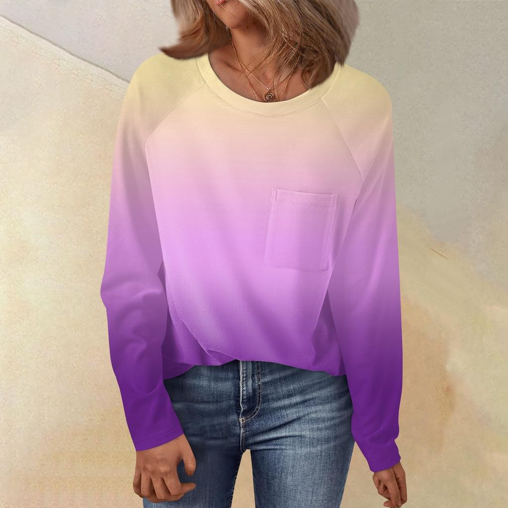 Women's Round Neck Gradient Printed Raglan Sleeve Long Sleeve Versatile Loose Top
