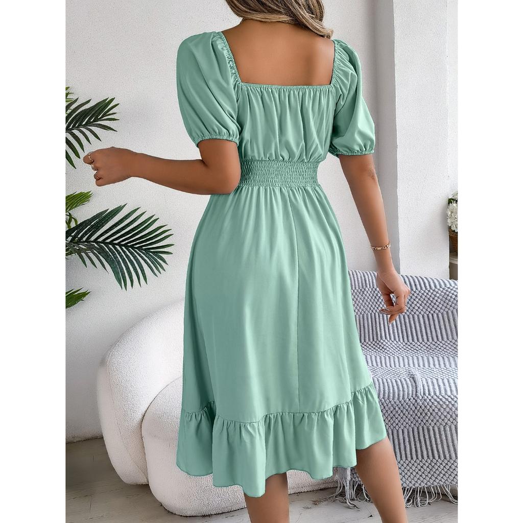 GMXIA Весенне-летнее повседневное платье с квадратным вырезом, короткими рукавами, приталенное, с А-силуэтной юбкой с оборками, женская одежда