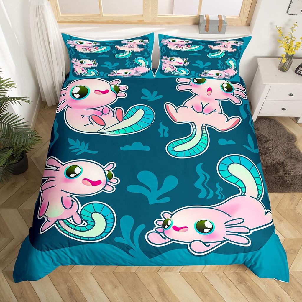 Мультяшный аксолотль Комплект пододеяльника King/Queen Size Детский Для девочек Мальчиков Милый Радужный Морская дикая природа Животное Рептилия Комплект постельного белья