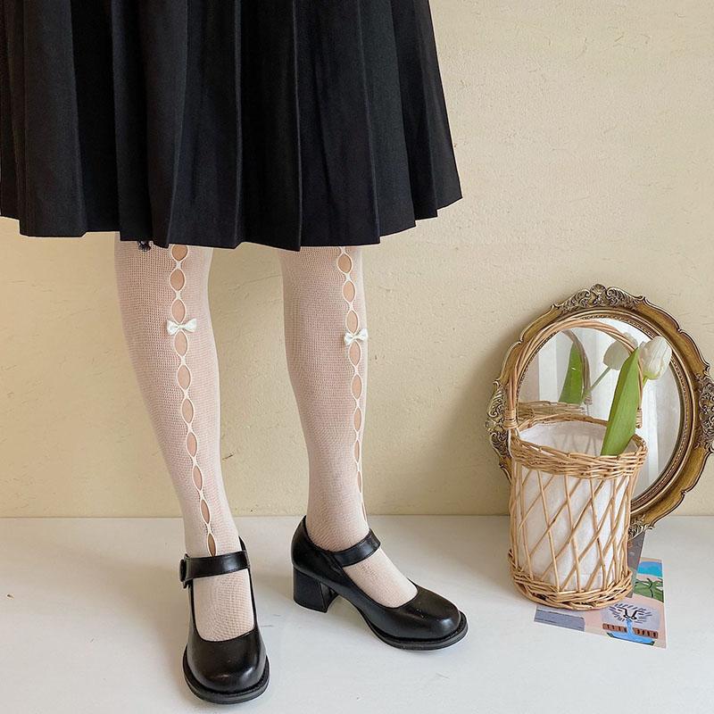Лолита, полые кружевные колготки, летние кавайные чулки с бантом для девочек, дышащие нейлоновые женские колготки в сеточку