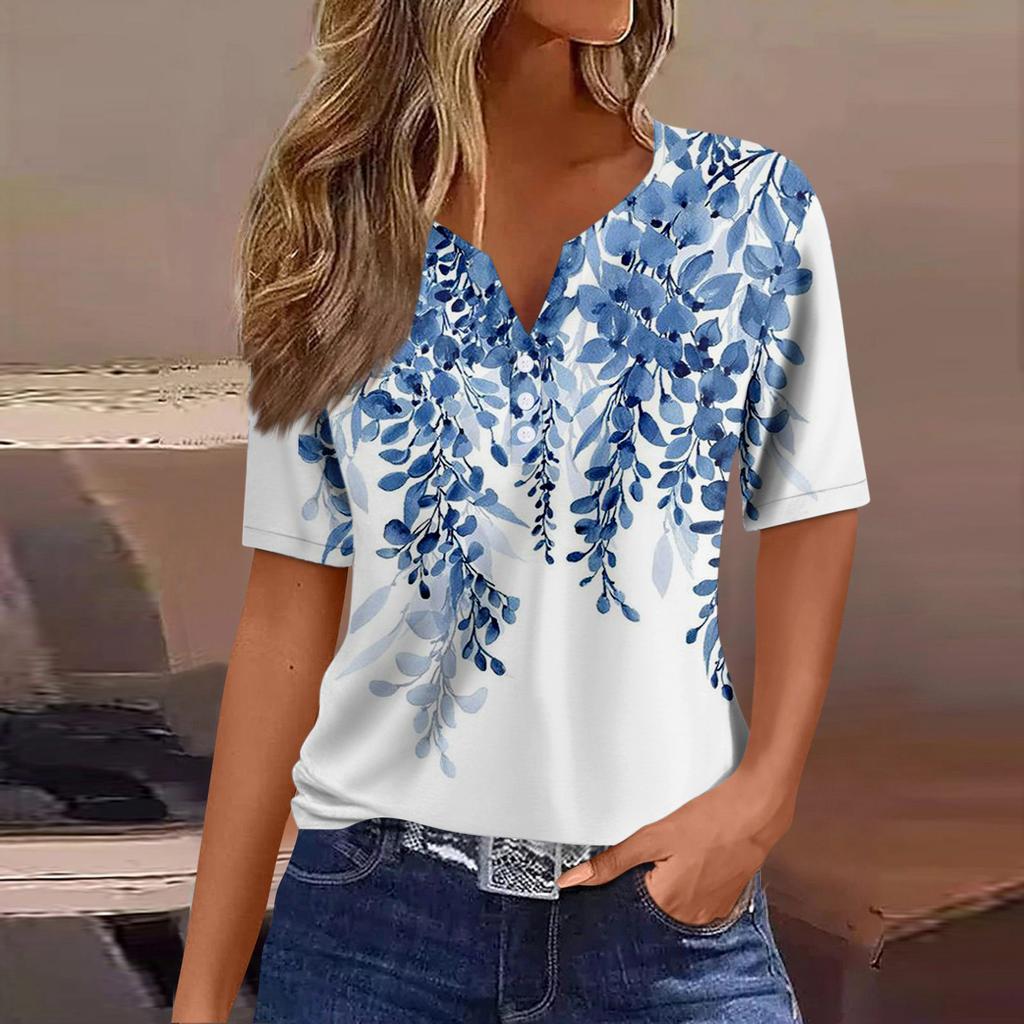 Женская модная повседневная винтажная футболка с v-образным вырезом и коротким рукавом с декоративными пуговицами, топ