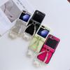 Leather Cover with Glitter Pearl Wrist Chain Strap Bracelet For Samsung Galaxy Z Flip 6 5 4 3 Hard Hinge Protective Phone Case