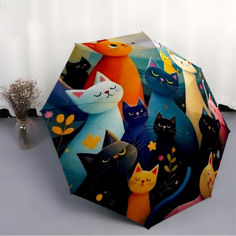 1 шт. Автоматический складной зонт Feline Fantasy Whiskered Wonderland, Автоматическое открытие/закрытие, Автоматическое складывание, Прочный каркас с 8 ребрами, Портативный для путешествий