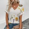 Daily Women's V-neck T-shirt Fashion Lightweight Street Elegant Leisure T-shirt Art Flower Pattern Print Women's V-neck T-shirt