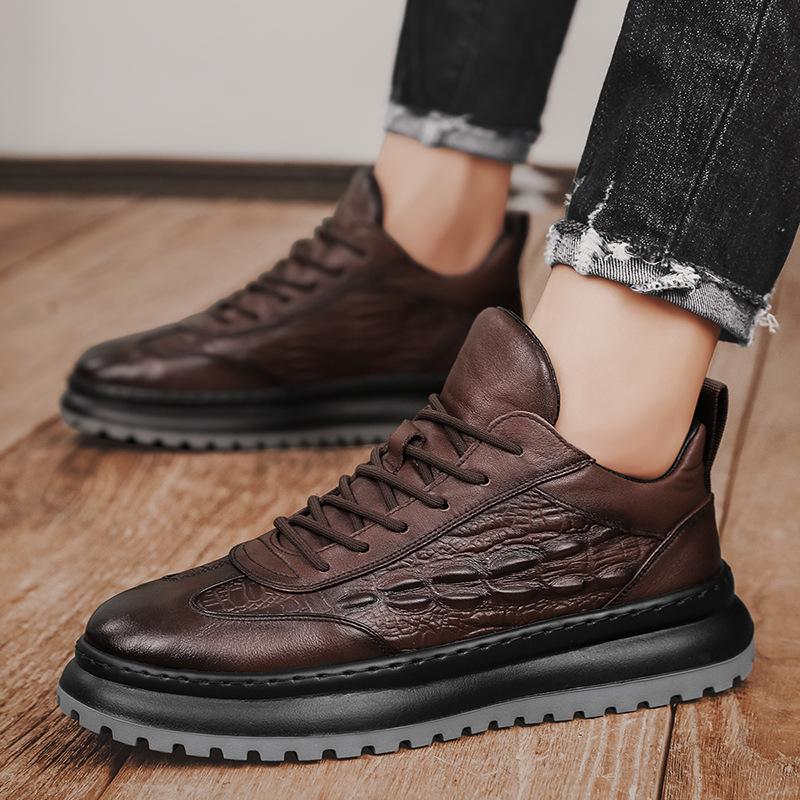 Fashion Men Faux Cowhide Crocodile Print Sneakers Casual Leather Shoes Men's Versatile Thick Soled Wear Resistant Shoes Men's Work Shoes