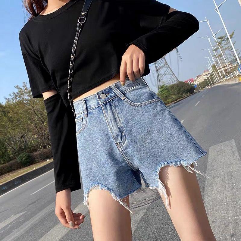 Classic and Minimalist Fashion Versatile Broken Holes Female Summer Light-colored High-waisted Thin Ragged Loose Wide-legged A Word Denim Shorts