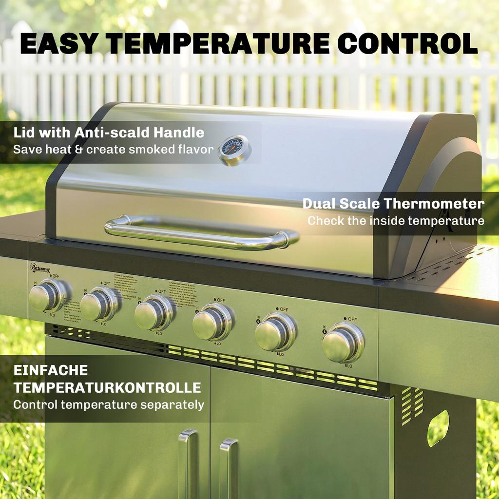 6 Burner Liquid Propane Gas BBQ Grill Outdoor Portable Gas Barbecue Grill With Warming Rack Side Tables Cabinet