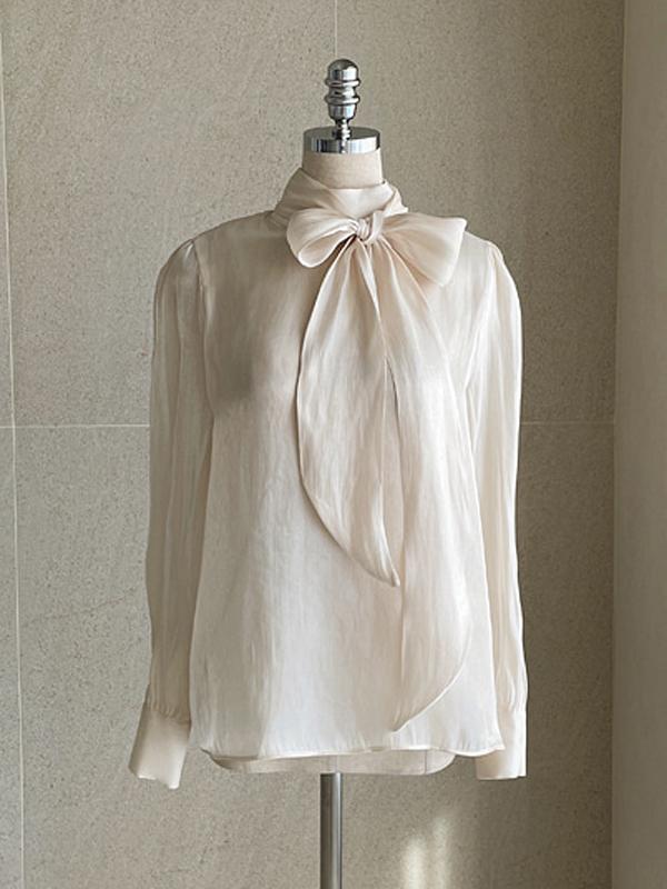 Korean Fashion Ribbon Satin Bow Tie Collar Women Shirt Spring Autumn Long Sleeved Top Office Elegant Loose Casual Simple Blouse Female Clothes 3143