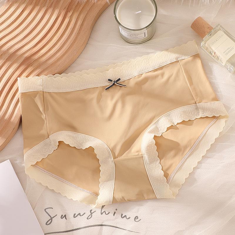 Women Ice Silk Panties Mid Waist Lace Soft Women's Panties Seamless Breathable Lace Underwear Knickers
