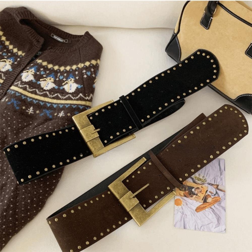 Y2k Rivet Waist Belt Pin Buckle Ultra-wide Waistband Women Coat Skirt Decoration