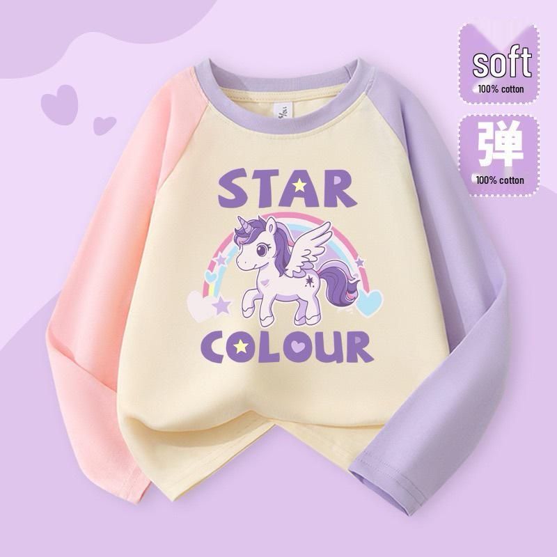 2025 Милая мультяшная футболка с длинным рукавом реглан в цветной блок для девочек