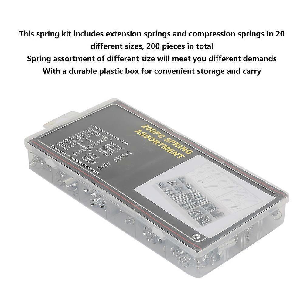 Set of 200 Metal Springs Kit - Extension and Compression Spring Assortment with Box - 20 Sizes