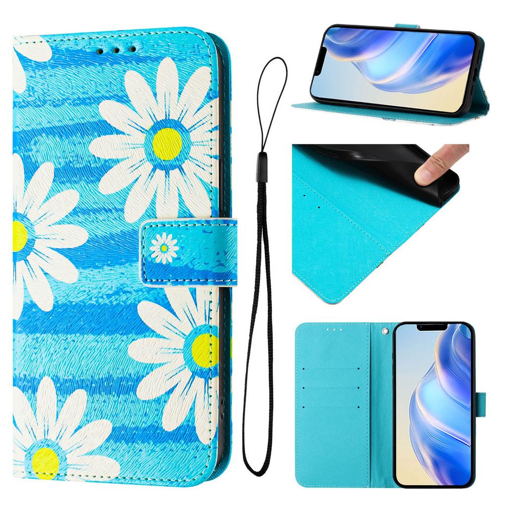 Blue Daisy Luxury Painted Leather Case Wallet Book Style Cover for Oppo A72/A52/A92 4G,A36 4G,Reno 8/9,Realme 8/9/10/11/12...