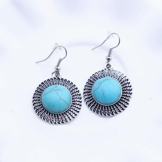 1 Pair Women Hook Round Style Shape Retro Bohemian Earrings Faux Turquoise Stainless