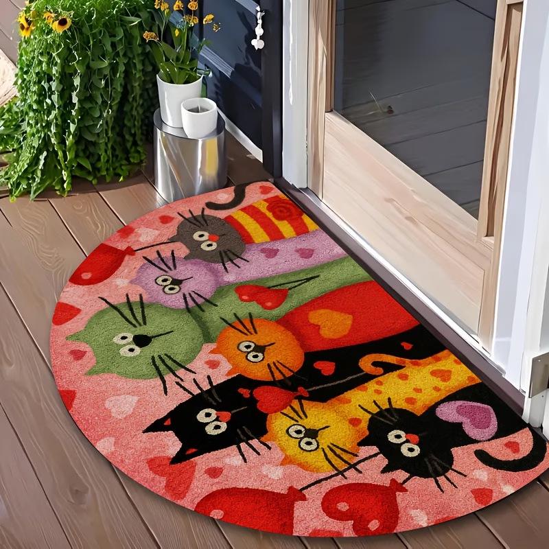 American Style Semi-Circular Cat Crystal Velvet Doormat - Durable, Stain & Wear Resistant, Decorative Floor Mat
