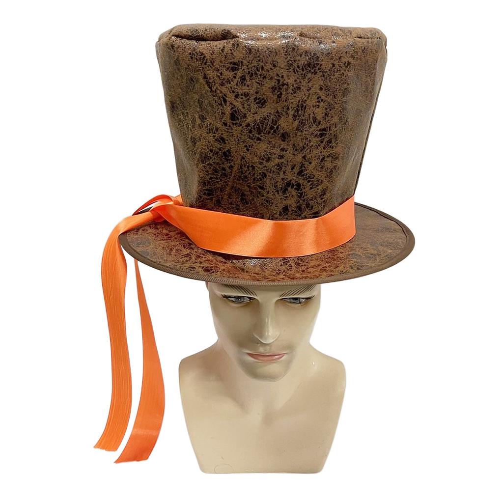 Vintage Distressed Top Hat Magician's Hat Lincoln Cap With Orange Ribbon Bow Halloween Parties Wide-brimmed Gentleman's Top Hats