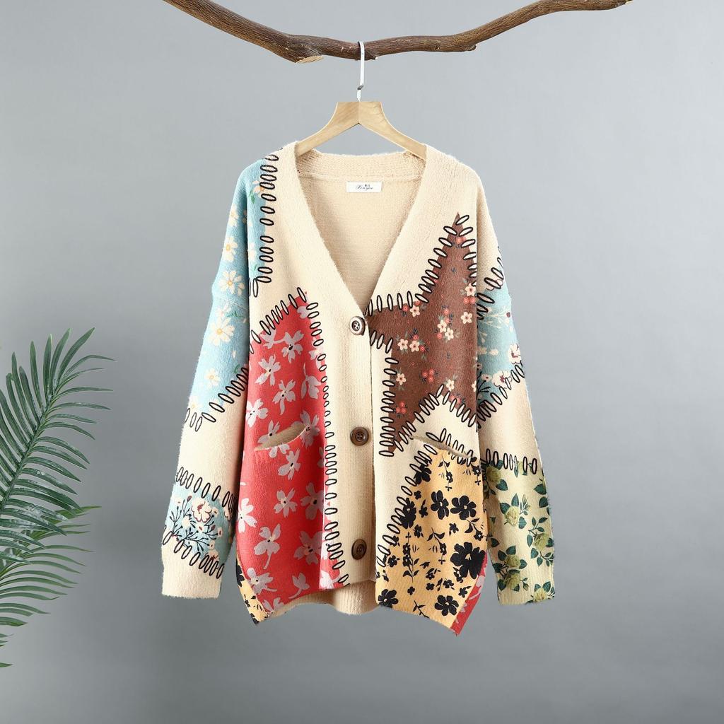 Новые осенние свитера больших размеров, кардиганы, большие размеры, женские узоры, цветочные мультяшные принты, свитера, вязаные свободные свитера