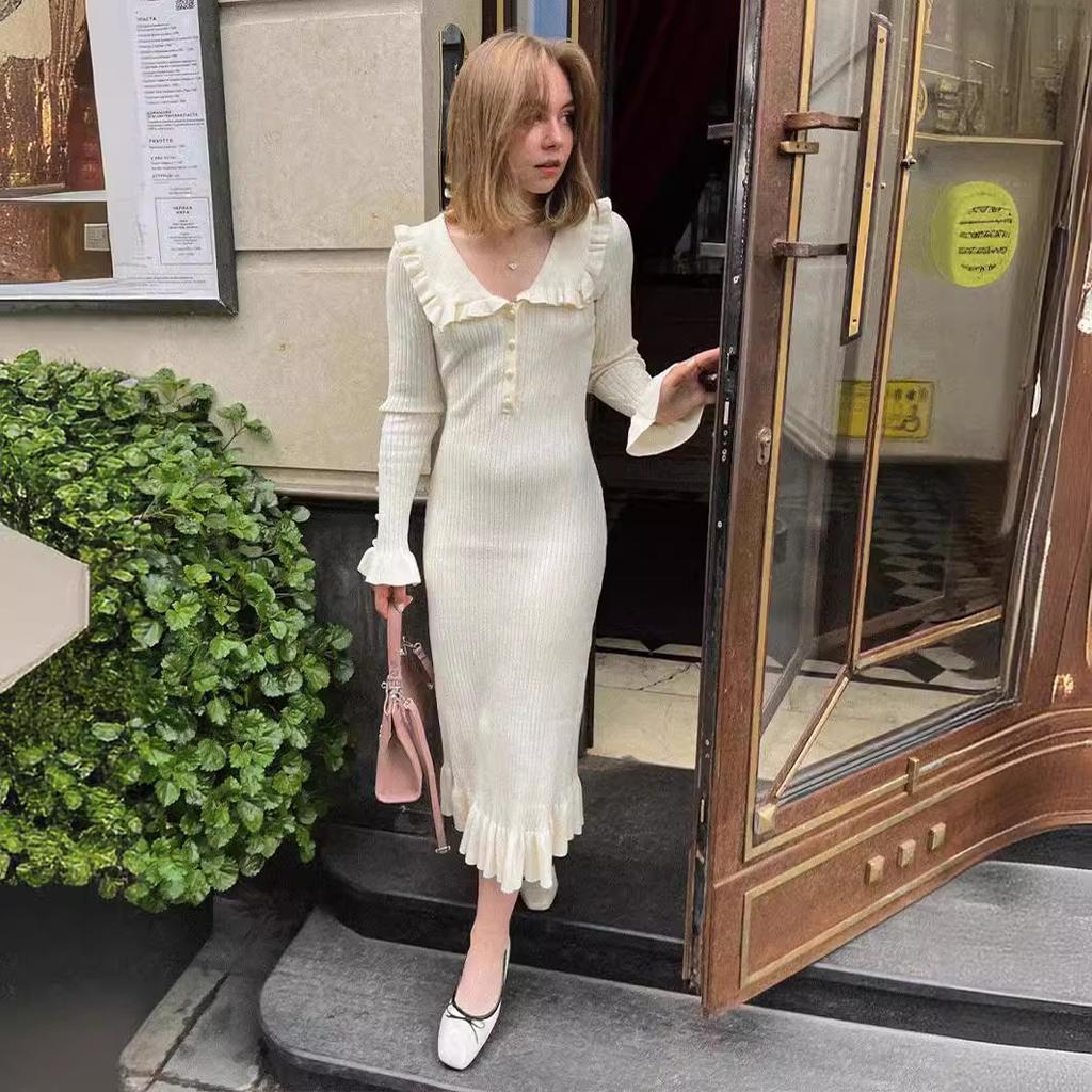 Women Fashion Knitted Retro Elegant Ruffled Dress Slim Ruffle Edge Long Dress Gown Slim Knitwear Women Robes