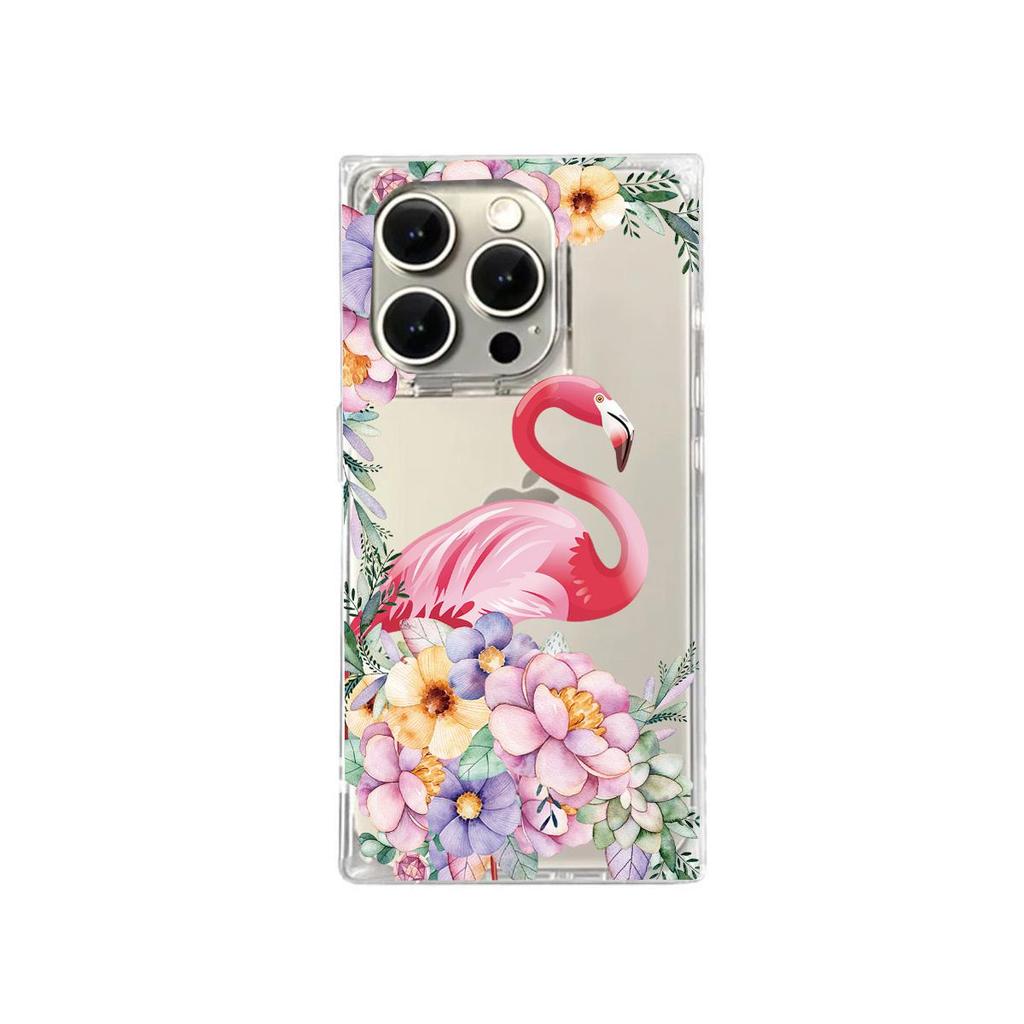 Прозрачный квадратный чехол-накладка для защиты iPhone 14 Pro Max 13 16 ProMax 15 Plus 11 12, защита от кислорода, чехол с узором лепестков и фламинго