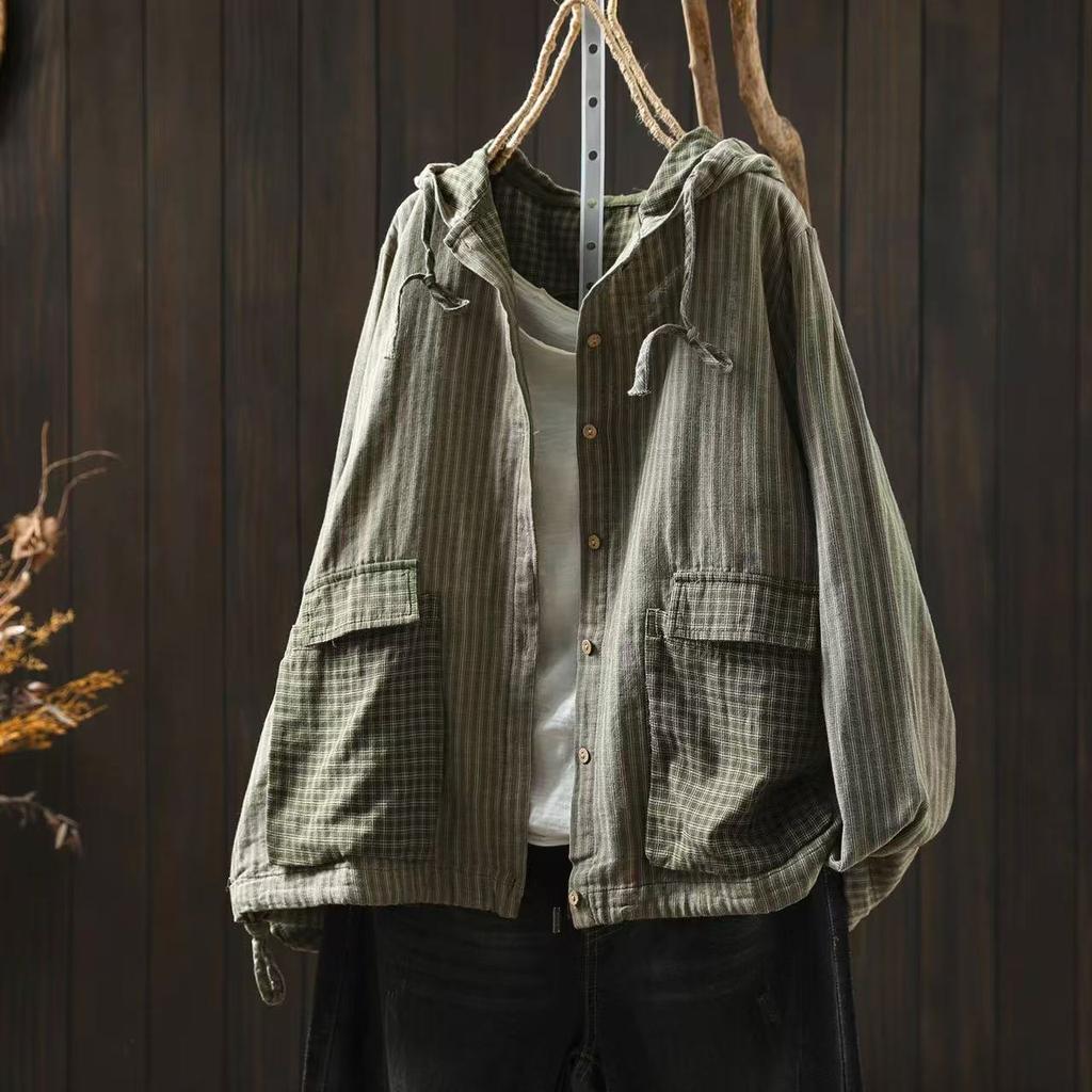 Johnature Women Vintage Hooded Shirts Striped Long Sleeve Patchwork Pockets Autumn Casual Female Blouses