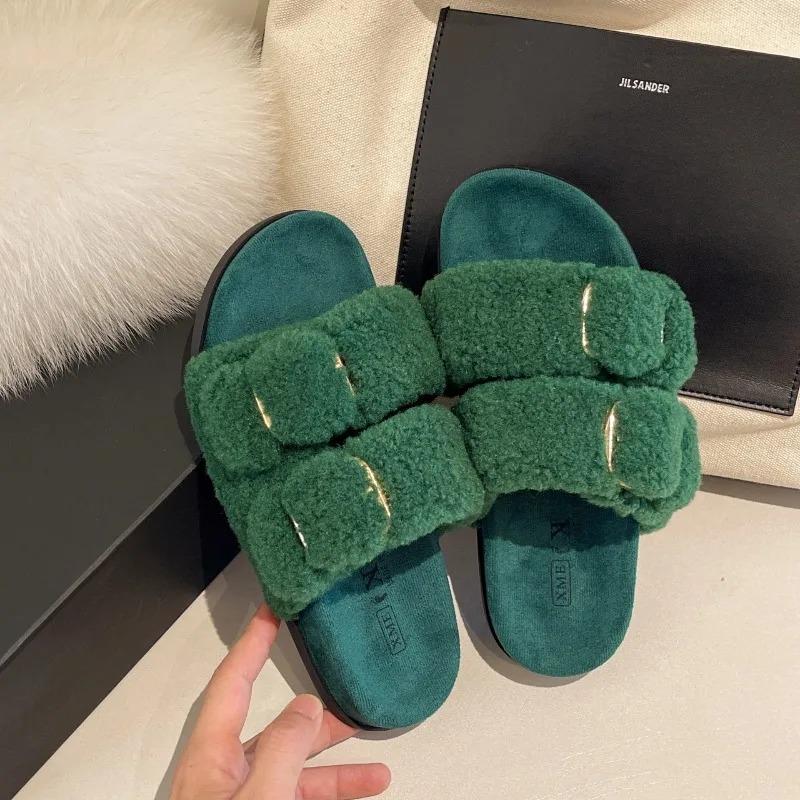 Женские меховые тапочки с пряжкой Дизайнерская женская обувь Плюшевые шлепанцы Осенние уличные хлопковые туфли на плоской подошве Платформа Повседневные домашние шлепанцы