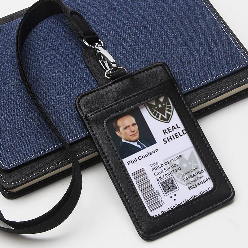 Fashion Genuine Leather ID Holder Business Staff Job Number Card Holders with Lanyard Bus Card Cover Student Worker Employee Card Case