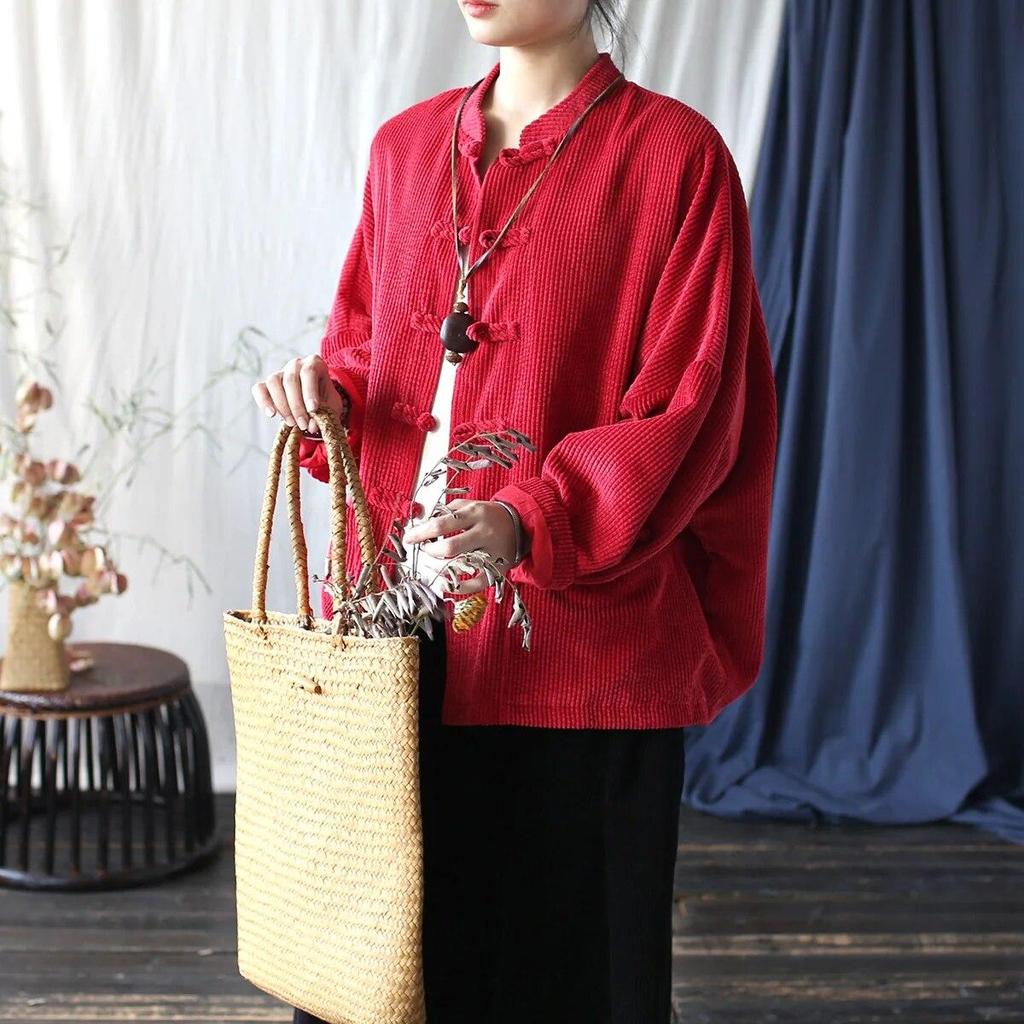 Johnature Women Vintage Stand Jackets Stand Long Sleeve Autumn Coats Button Solid Color Patchwork Pockets Jackets